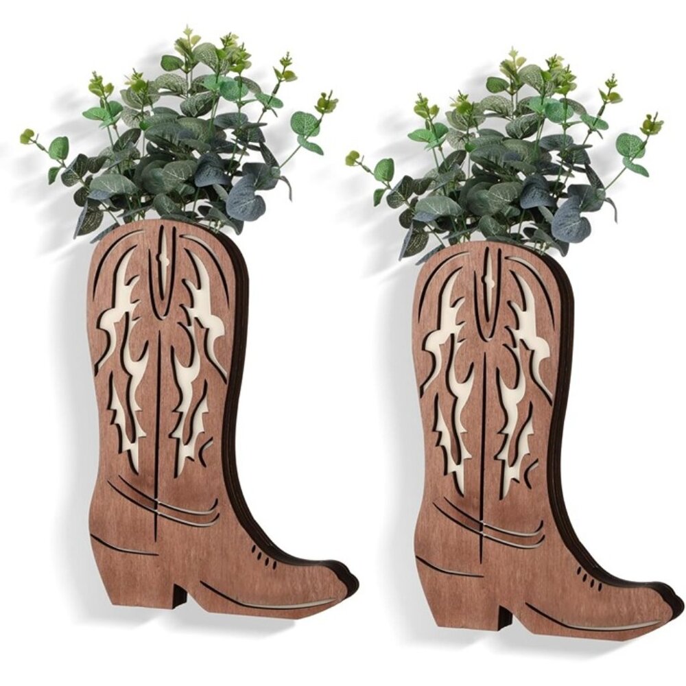 New 2PCS Modern Farmhouse Wood Cowboy Boot Wall Planter Hanging Vase Decor